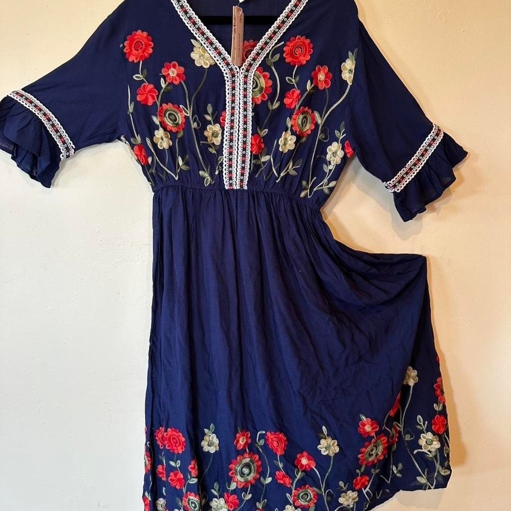 NWT Navy blue floral embroidered dress with red, white, and green grandmacore